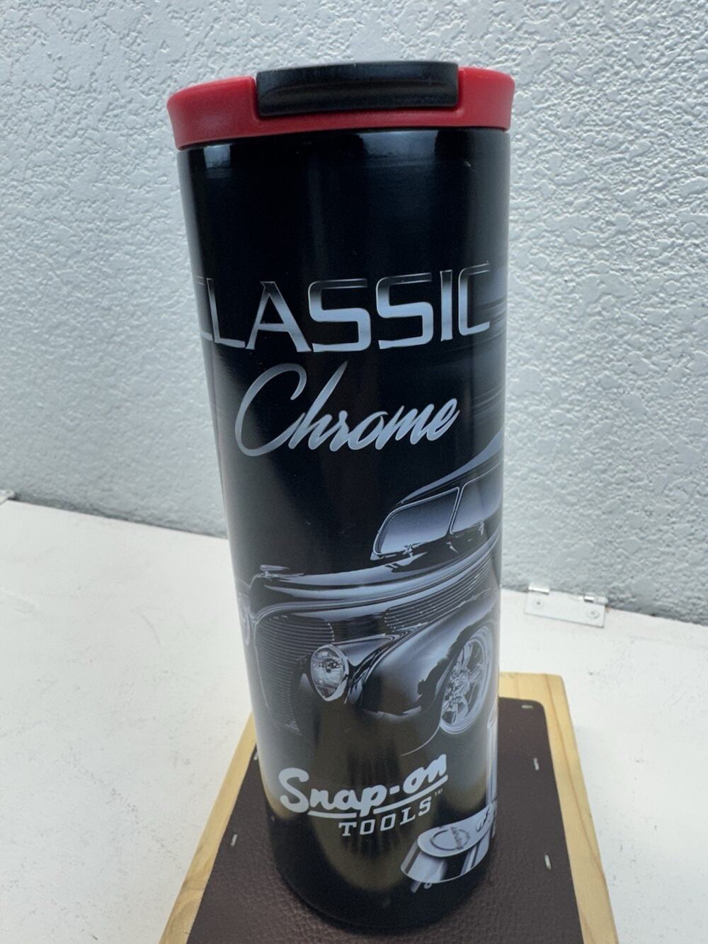 Snap-On Classic Chrome Travel Mug 16 oz Stainless Steel Tumbler Black Red Lid